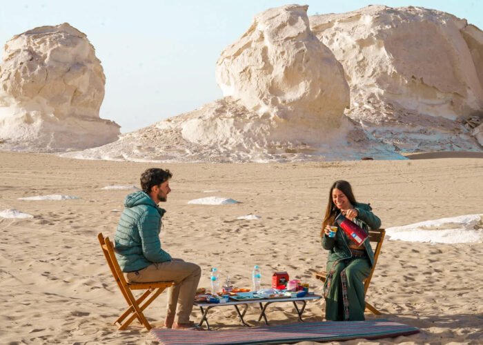 A wonderful shot of a couple enjoying breakfast in Bahariya Oasis