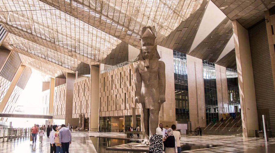 Pictures of the statue of Ramses from the entrance to the Grand Egyptian Museum