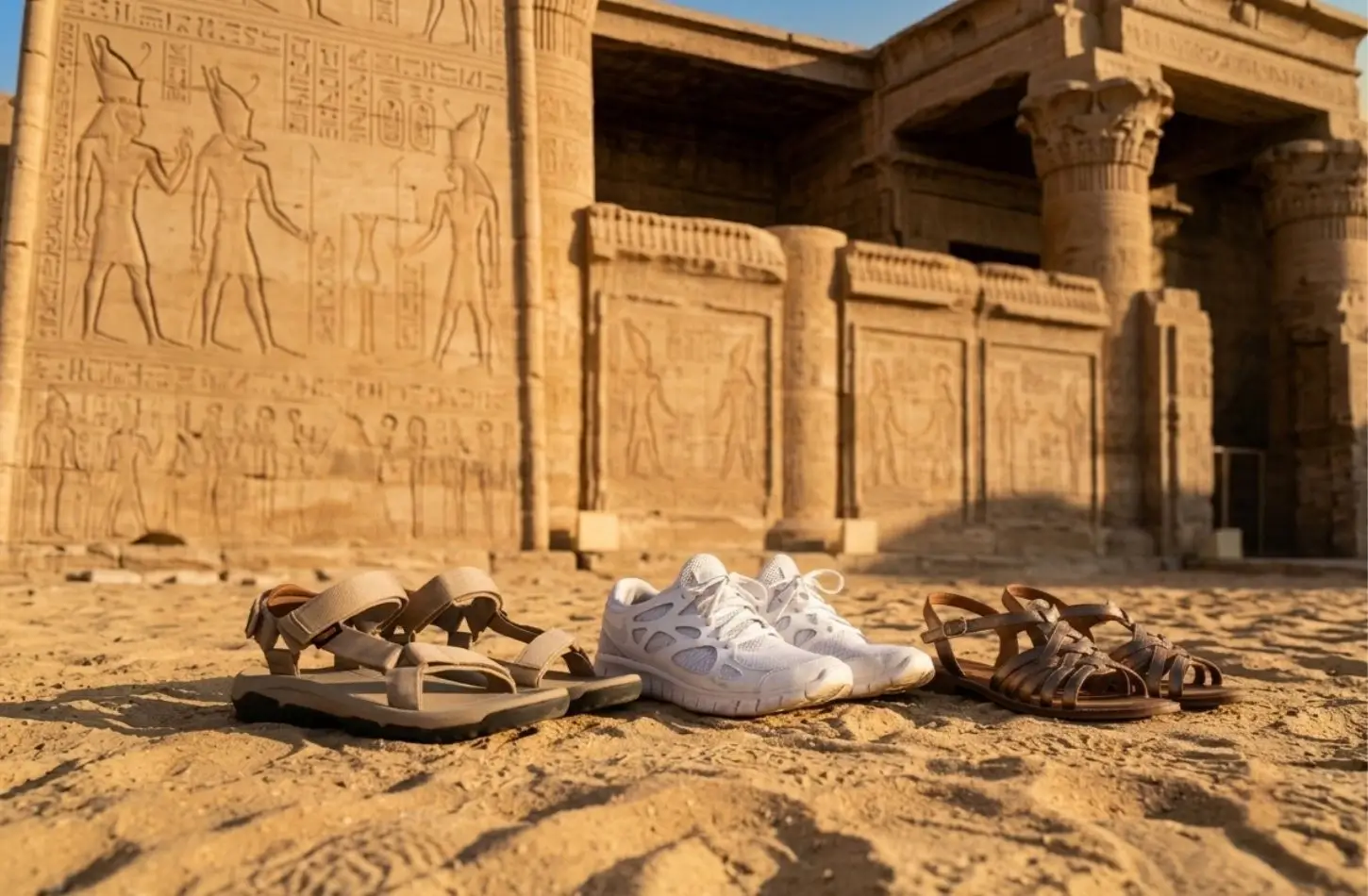 Egypt Packing List for Women footwear guide, featuring tourist walking sandals and white sneakers on the sand by an ancient temple wall.