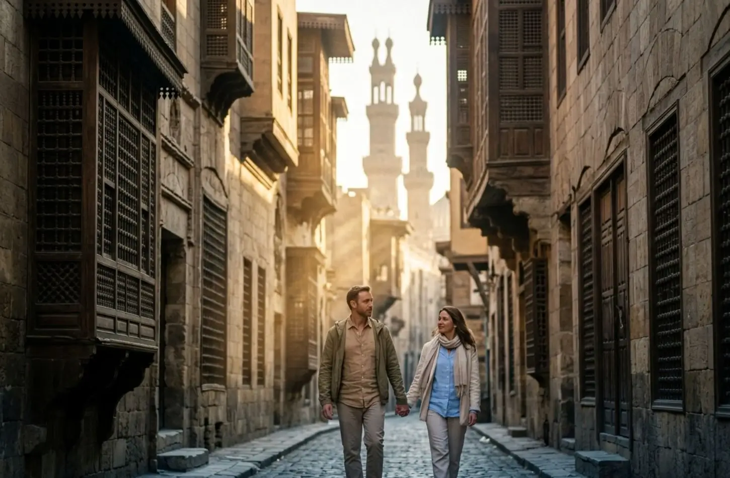 A couple walks hand-in-hand down a historic, cobblestone alleyway in Islamic Cairo, surrounded by traditional architecture and wooden mashrabiya windows, showcasing memorable Things to Do in Cairo at Night.