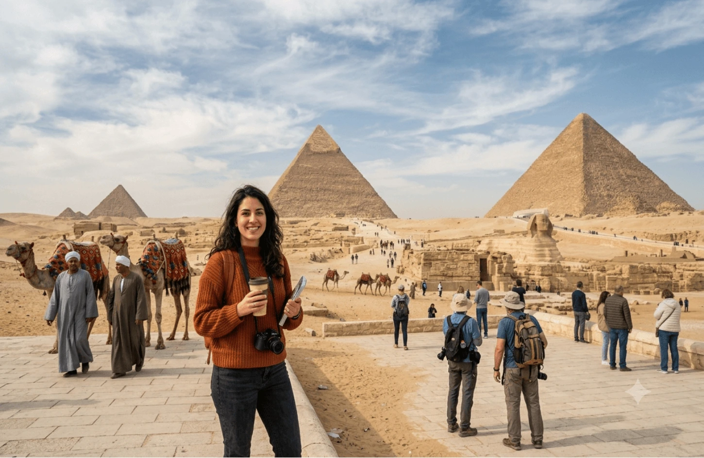 A female tourist wearing a winter sweater holding a coffee cup at the Giza Pyramids and Sphinx complex during a trip to Egypt in December.