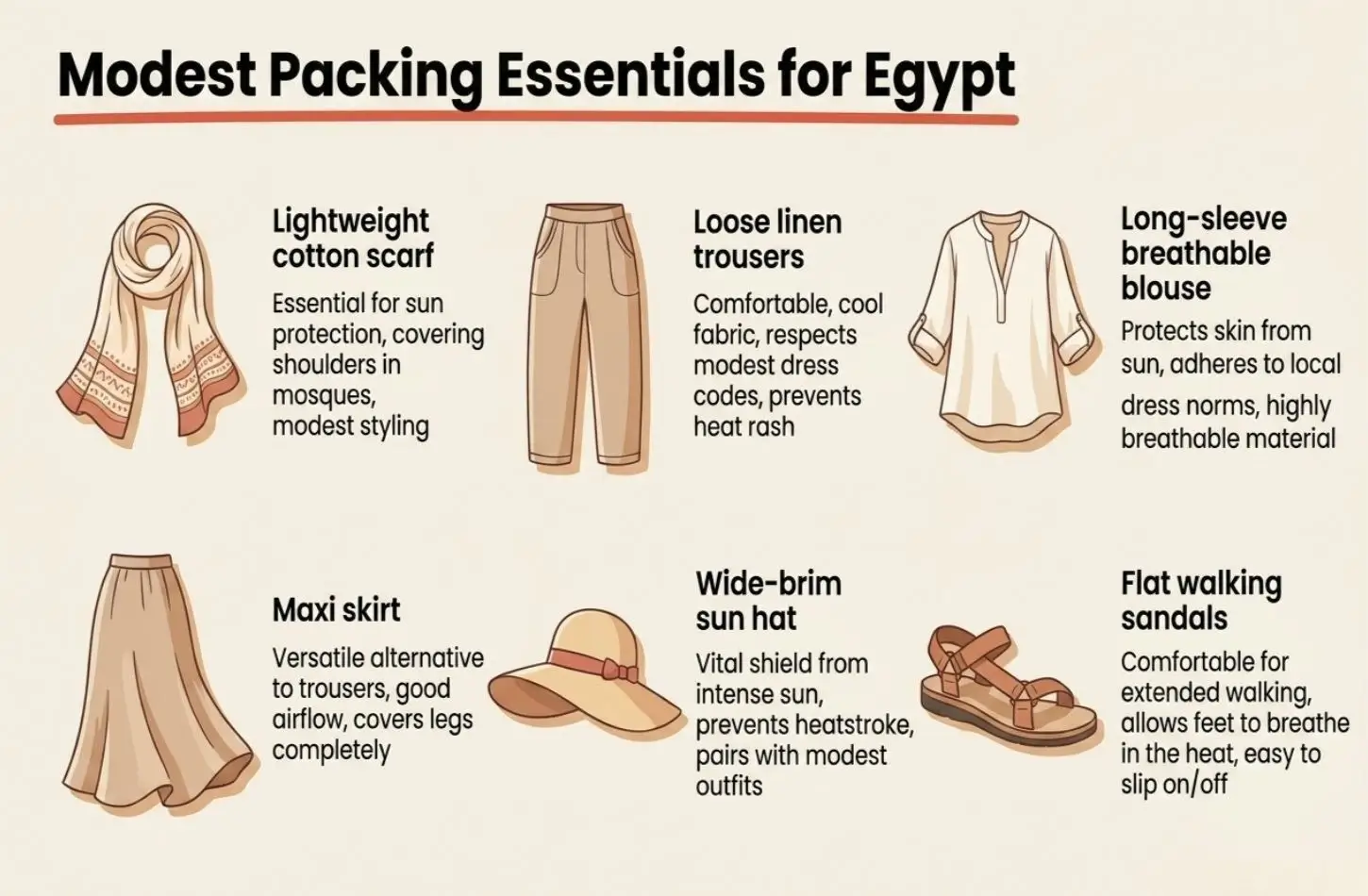 Egypt Packing List for Women infographic showing modest clothing: scarf, maxi skirt, and sun hat.