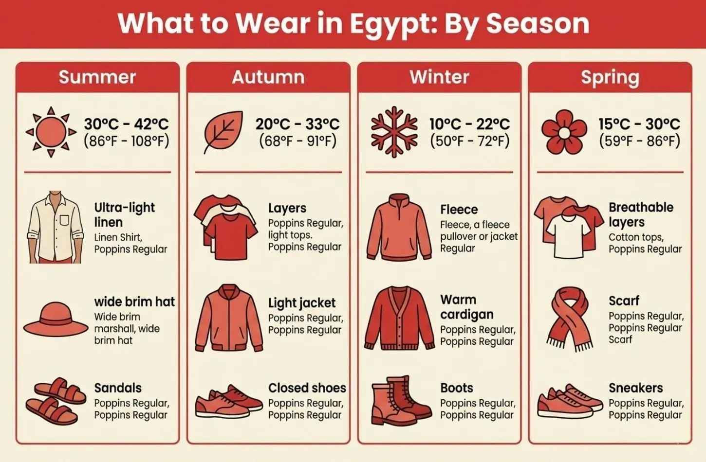 Egypt Packing List for Women seasonal infographic, detailing clothing recommendations and temperature ranges for all four seasons