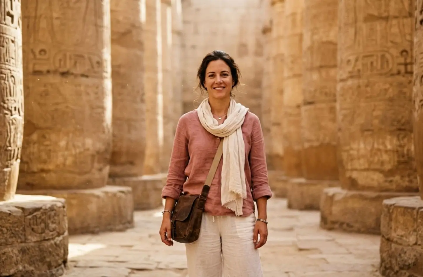 Egypt Packing List for Women clothing examples, showing a female traveler in a conservative linen shirt and scarf inside an ancient temple corridor.