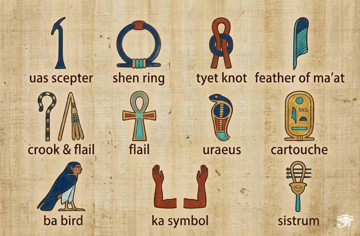 An educational chart of Ancient Egyptian Symbols on a papyrus background, including the Uas scepter, Shen ring, Tyet knot, Feather of Ma'at, and Ankh.