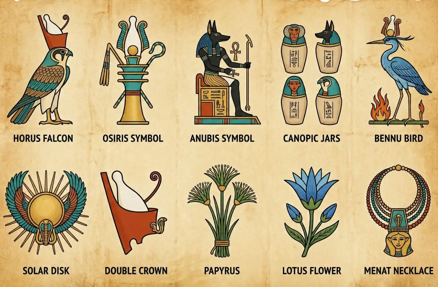 A labeled educational chart of Ancient Egyptian Symbols on aged parchment, featuring the Horus Falcon, Anubis, Canopic jars, and a Lotus flower in a colorful, illustrated style.