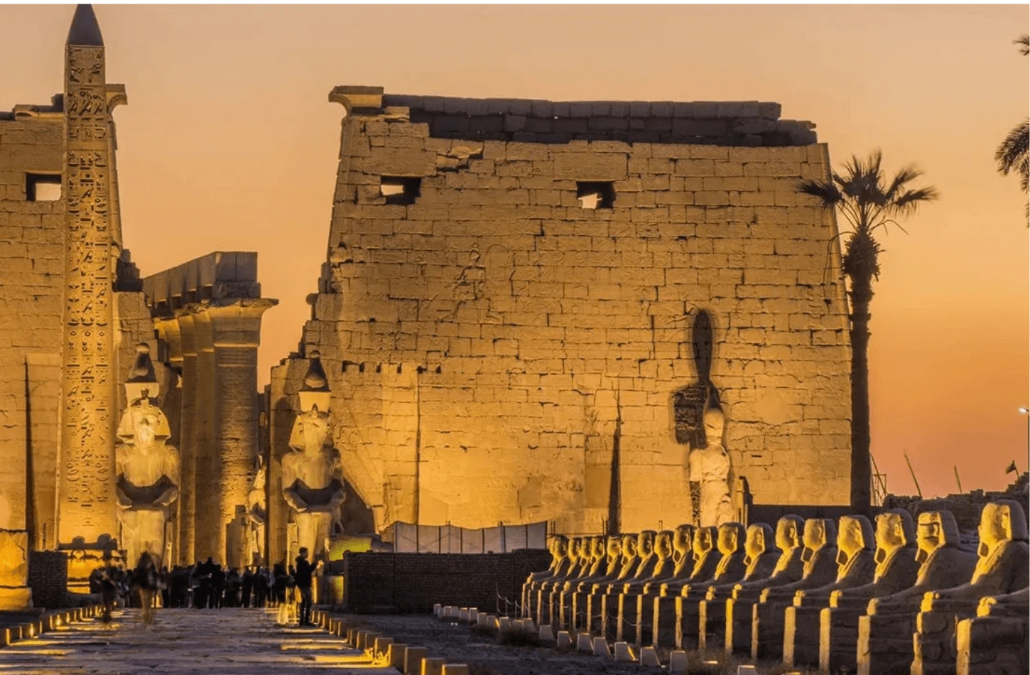 Golden hour view of the historic Luxor Temple entrance in Egypt, featuring the iconic Avenue of Sphinxes, massive pylons, and towering statues of Ramses II