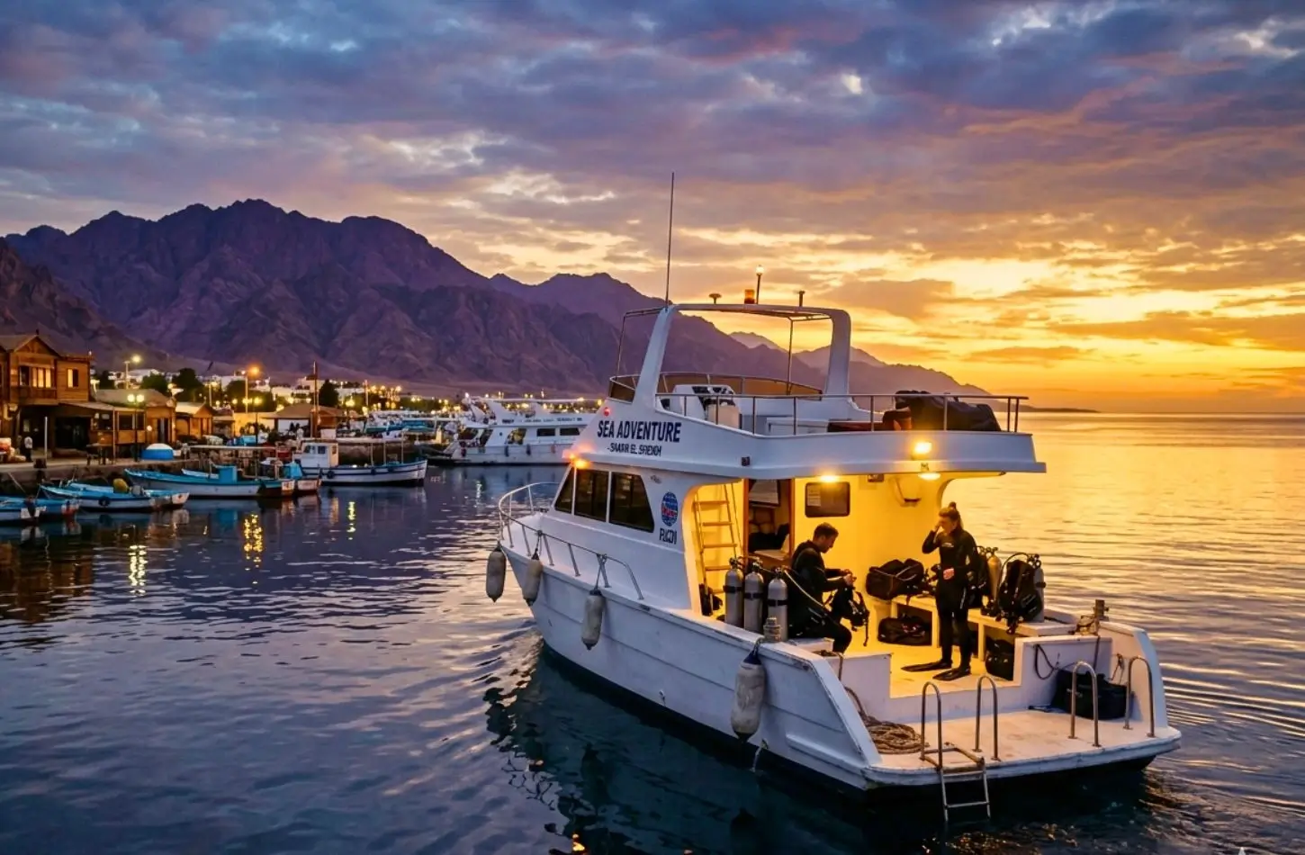 Scuba divers preparing equipment on a boat deck at sunset near Ras Mohamed Nature Reserve, with dramatic desert mountains in the background.