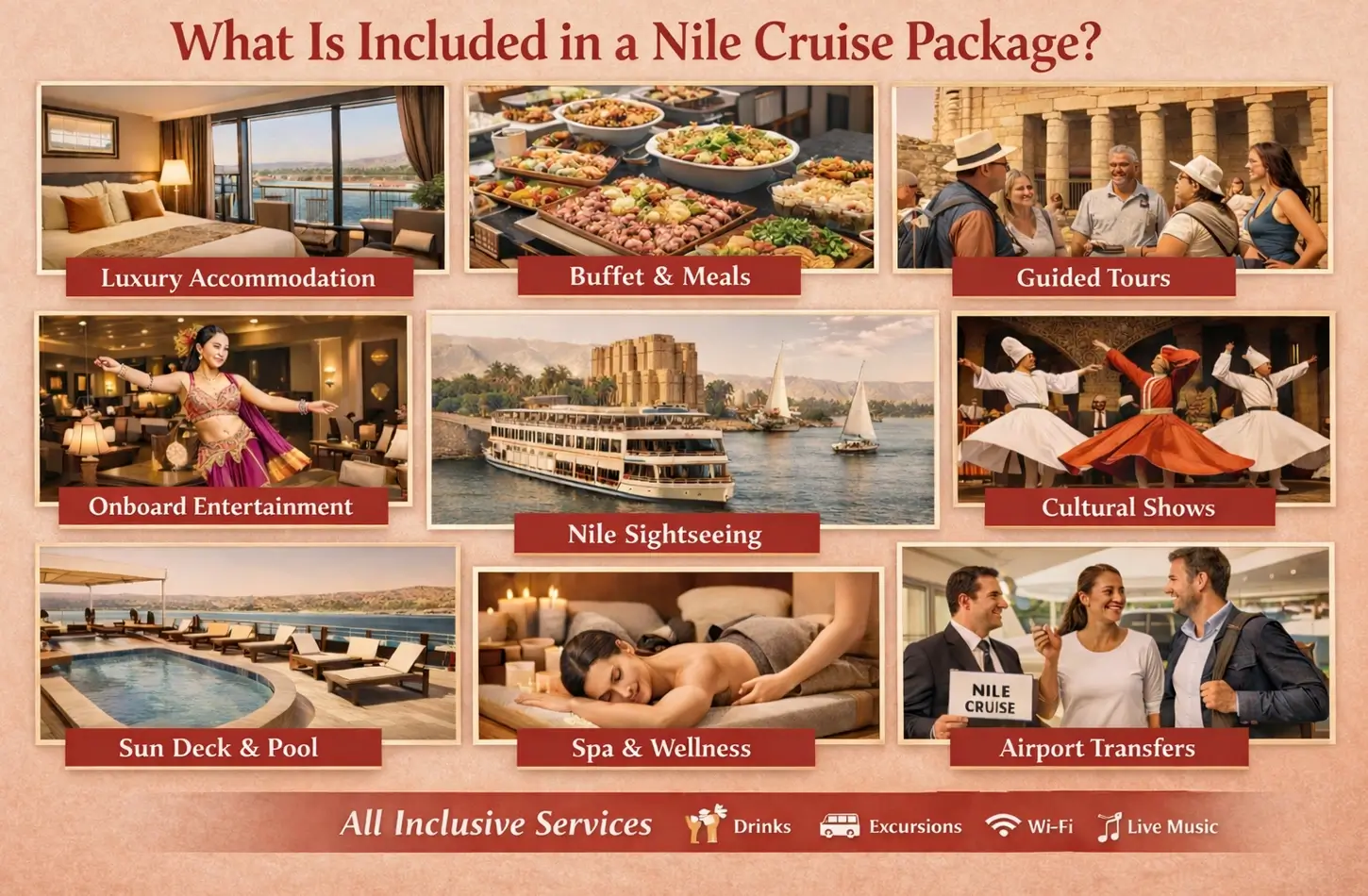 Infographic of all-inclusive Nile cruise services including luxury accommodation, guided tours, and onboard buffet.
