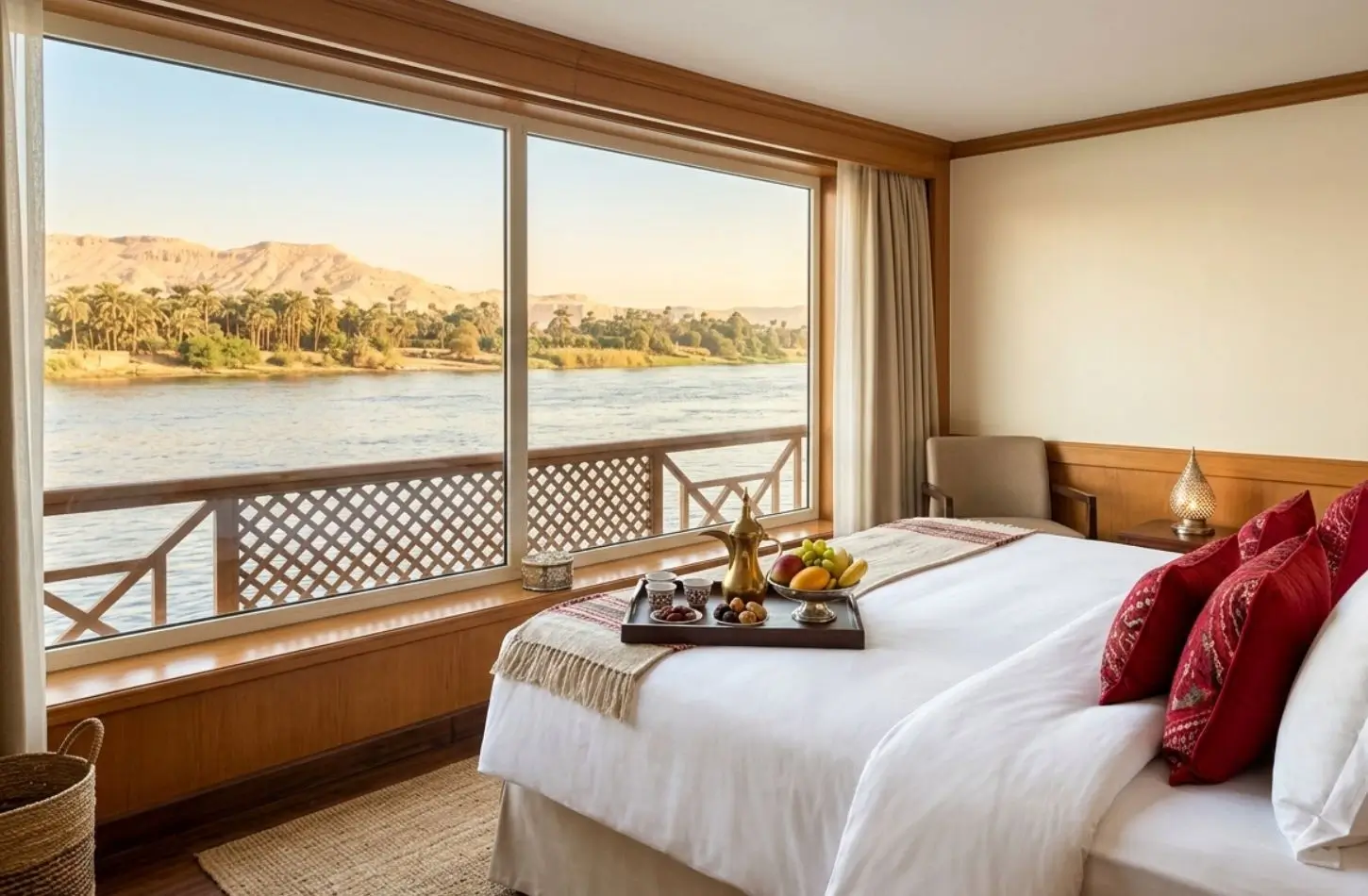 Luxury Nile cruise cabin with panoramic river views, showcasing what is included in a Nile cruise package.