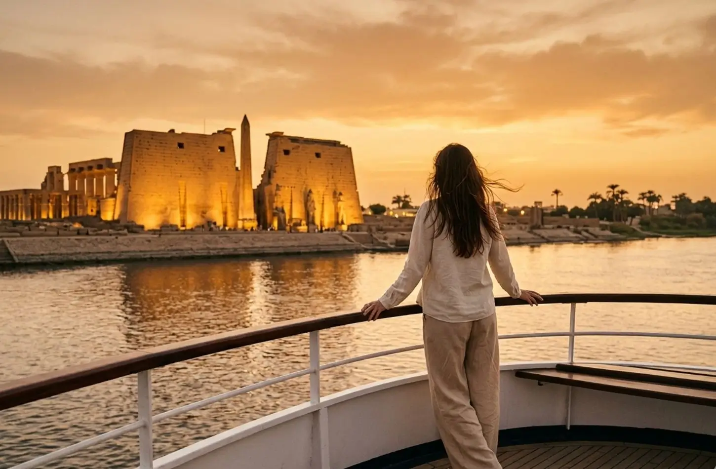Sunset view from a Nile cruise near Luxor Temple, highlighting what is included in a Nile cruise package.
