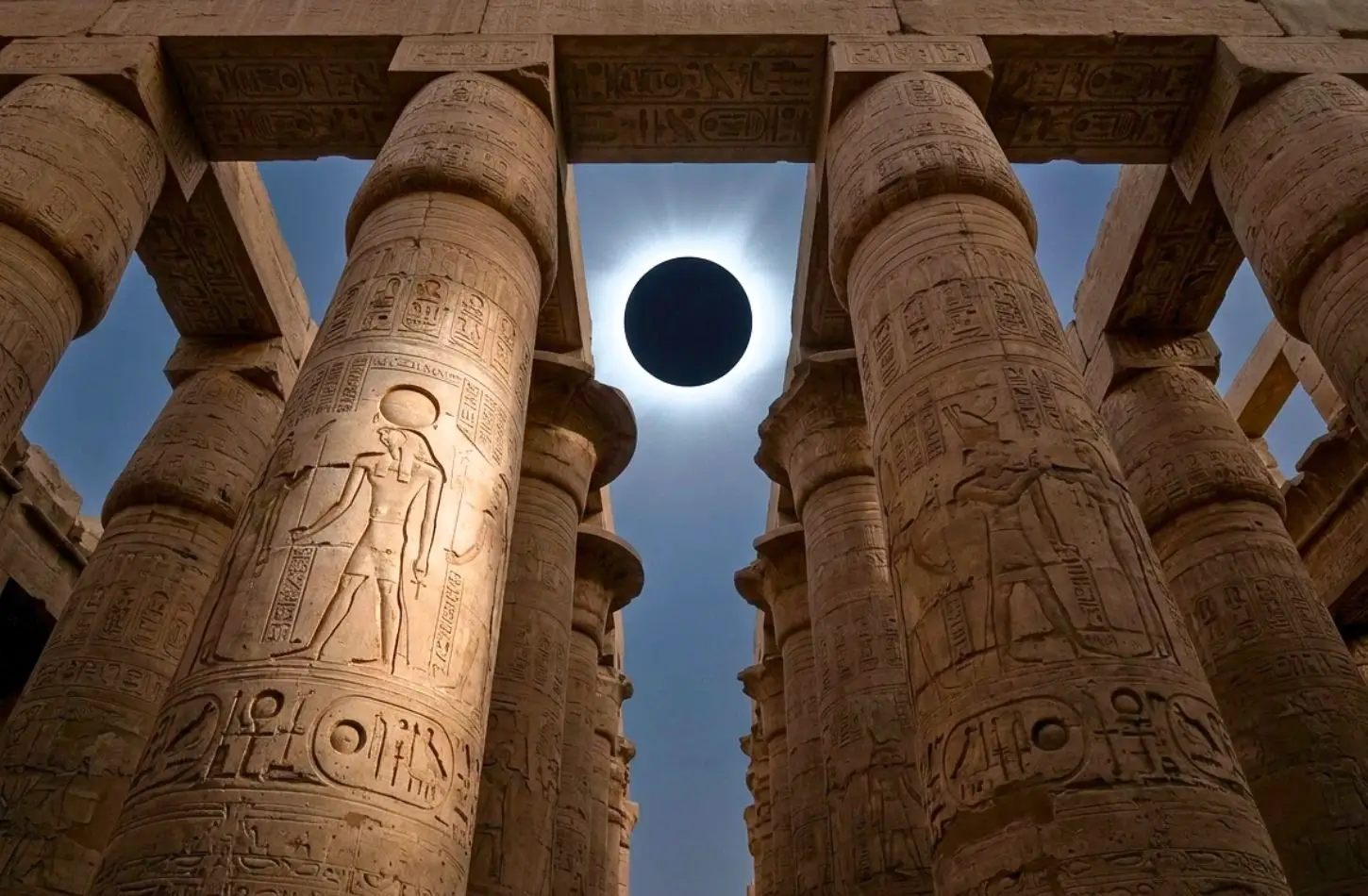 A dramatic view from below massive sandstone columns inside an ancient temple, highlighting detailed carvings of a pharaoh or sun god, framing a total solar eclipse in Egypt shining through the opening overhead.