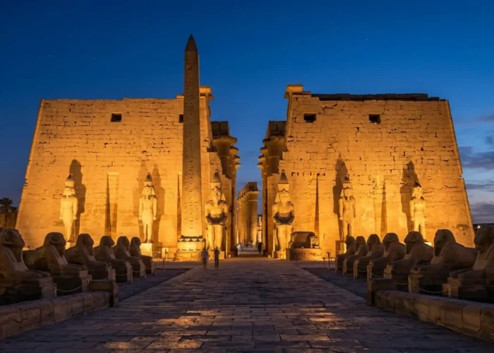 Luxor Temple night tour view showing the illuminated entrance pylon, ancient statues, and the Avenue of Sphinxes under a blue twilight sky.
