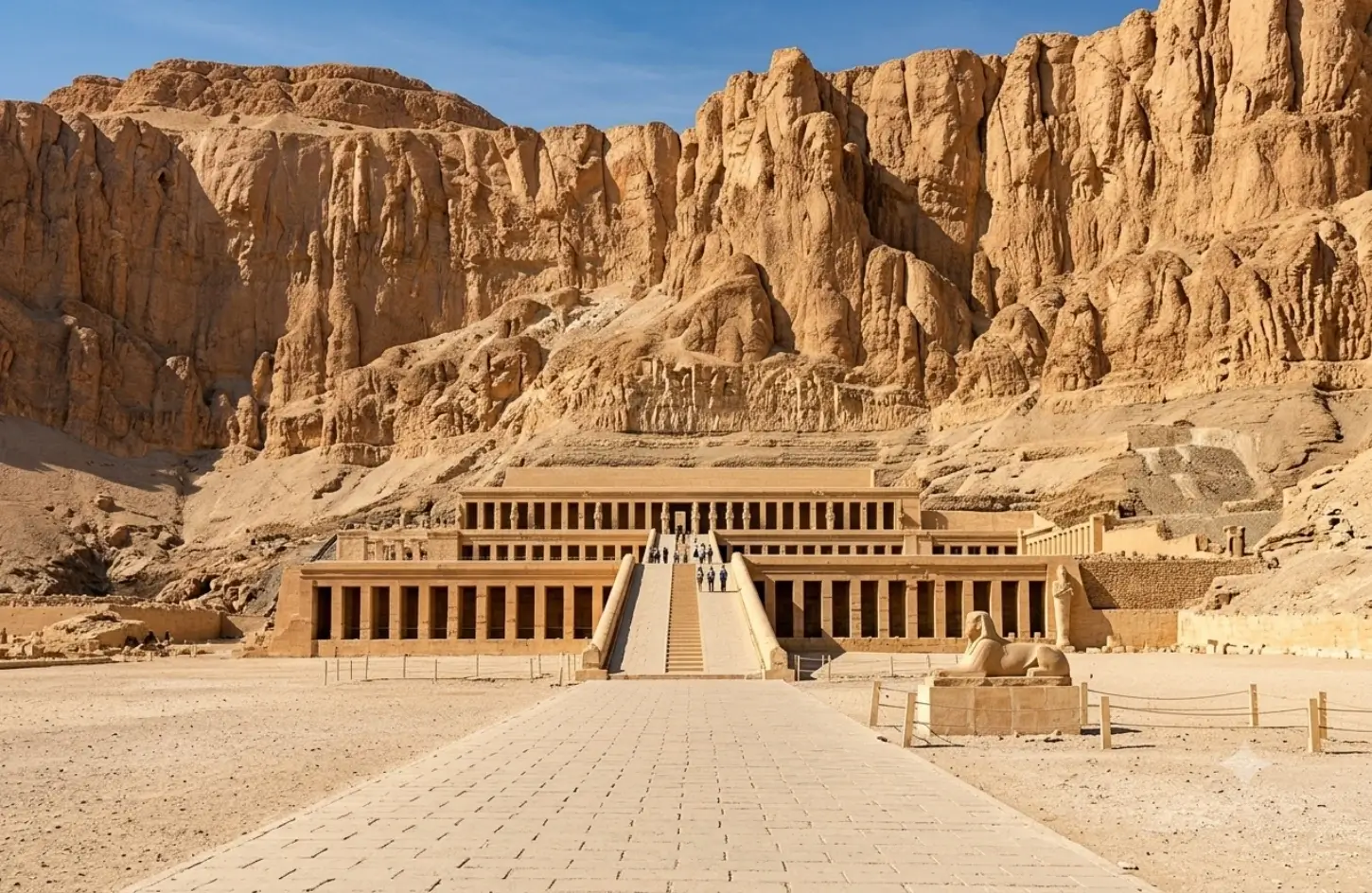 Wide-angle front view of the Mortuary Temple of Hatshepsut at Deir el-Bahari in Luxor, showcasing the central ramp and towering desert cliffs.