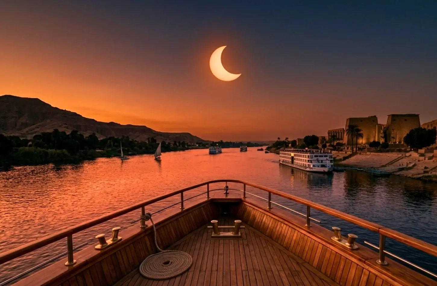 View from the wooden bow of a cruise boat traveling down the Nile River at sunset, capturing a large crescent sun during a total solar eclipse in Egypt with ancient temples and desert hills lining the riverbanks.