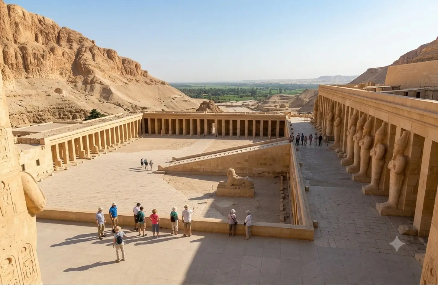 High-angle view of tourists exploring the stone terraces, columns, and giant statues at the Mortuary Temple of Hatshepsut in Luxor, Egypt