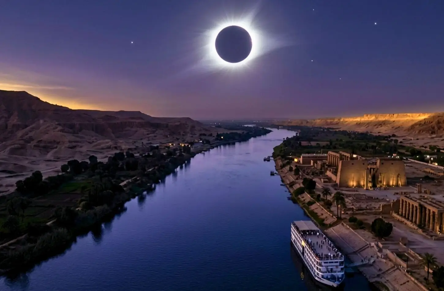 An aerial twilight view of the Nile River winding through desert hills and ancient illuminated temples, featuring a cruise ship docked along the bank under a brilliant total solar eclipse in Egypt with a glowing white corona and visible stars.