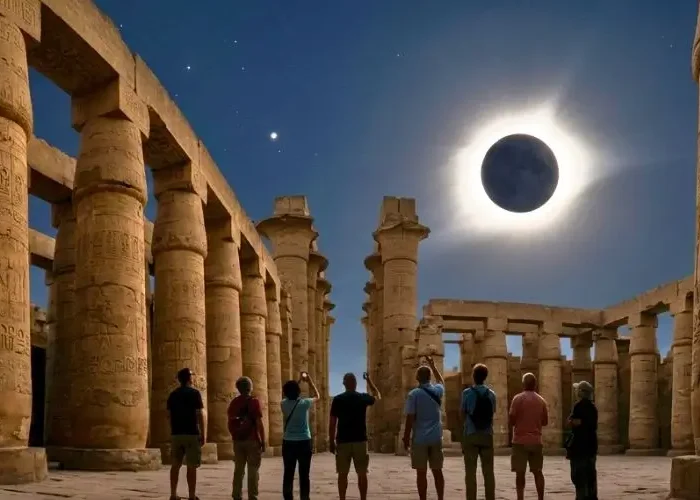 Tourists gathered among ancient stone pillars to view a total solar eclipse in Egypt beneath a darkened daytime sky.