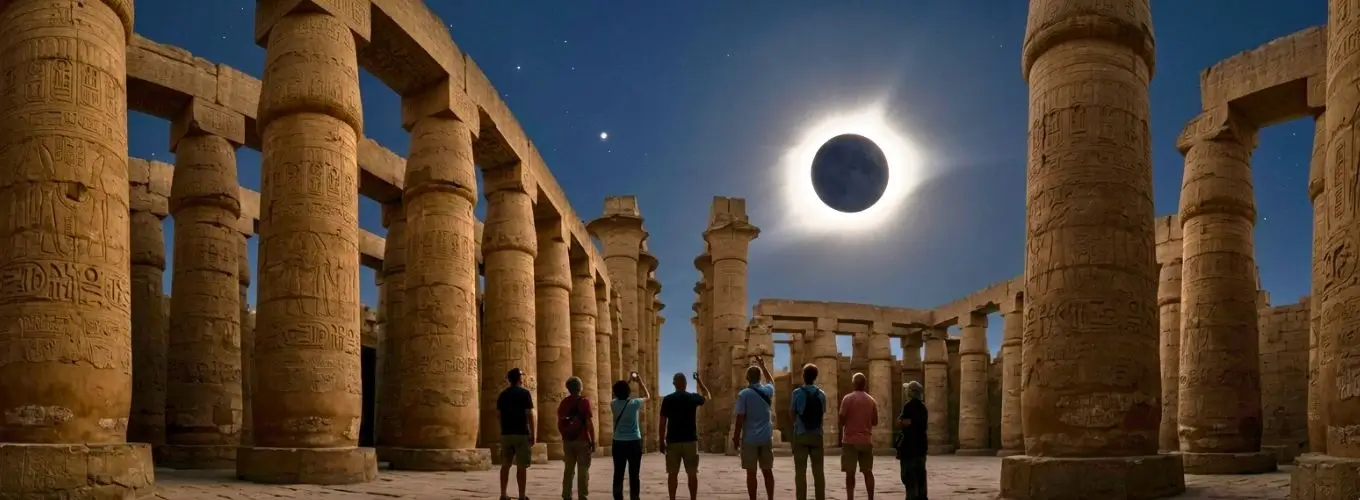 Tourists gathered among ancient stone pillars to view a total solar eclipse in Egypt beneath a darkened daytime sky.