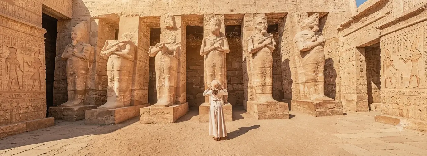 A tourist in a white dress stands before ancient Osiride statues at Medinet Habu temple during a trip to Egypt in November.