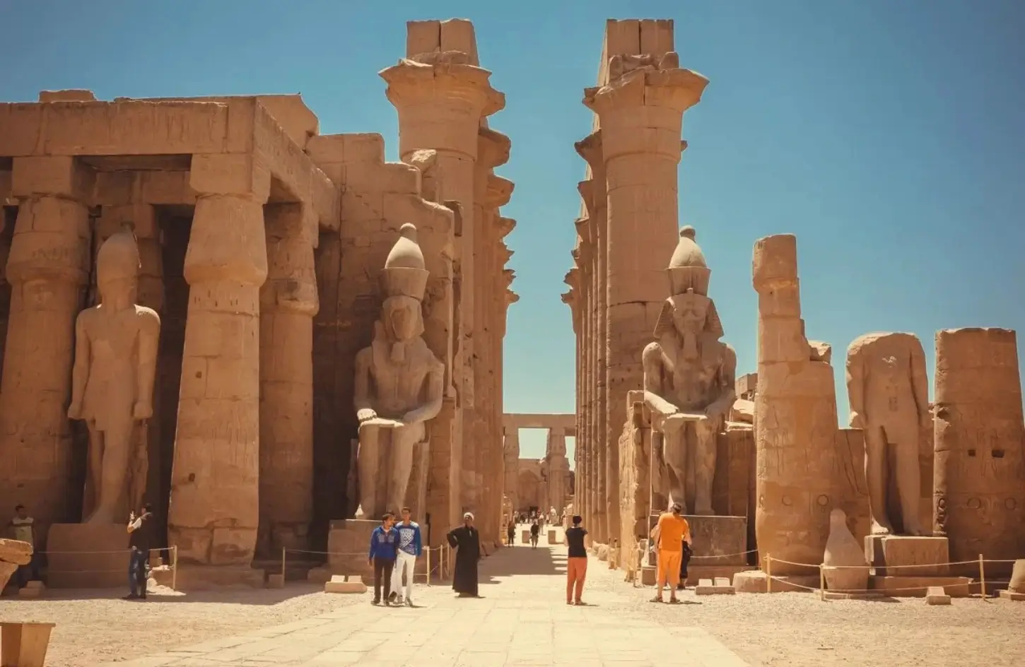Large stone statues of Ramesses II guarding the grand colonnade at Luxor Temple, a premier historic destination for an Egypt itinerary 10 days.