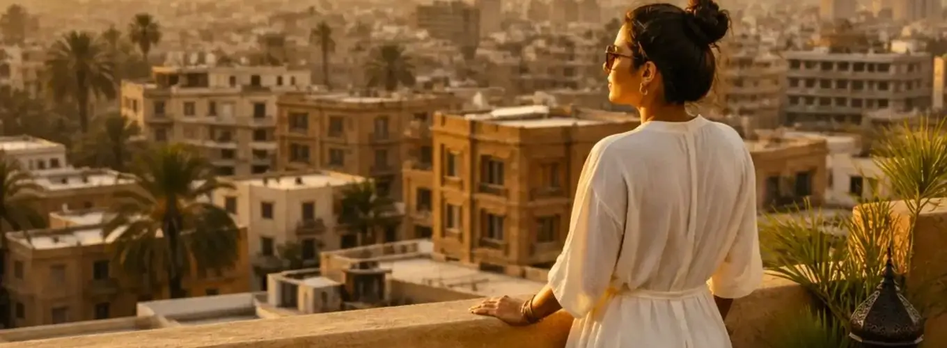 female-traveler-rooftop-terrace-golden-hour-cityscape Egypt in September: A scenic view of city roofs and palm trees from a rooftop during golden hour with a woman looking into the distance.