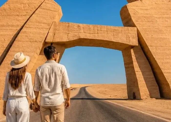 A couple holding hands looks towards the entrance gate of Ras Mohammed National Park on a sunny day during a trip to Egypt in March.