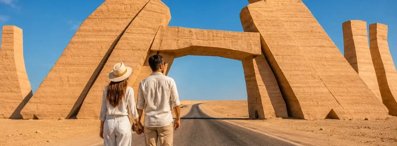 ras-mohamed-national-park-gate-egypt-couple-travel A couple holding hands looks towards the entrance gate of Ras Mohammed National Park on a sunny day during a trip to Egypt in March.
